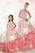  Sleeveless Floor Length Embroidery and Ruffled Layers Lace Up Quinceanera Gown with Watermelon Red