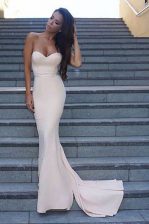 Fantastic White Mermaid Elastic Woven Satin Sweetheart Sleeveless Ruching Backless Dress for Prom Sweep Train