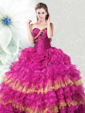  Floor Length Lace Up Quinceanera Gown Fuchsia for Military Ball and Sweet 16 and Quinceanera with Ruffles and Ruffled Layers