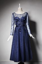 Fantastic Scoop Navy Blue Zipper Homecoming Dress Beading and Hand Made Flower Long Sleeves Tea Length