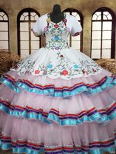 Beauteous Straps Floor Length White Vestidos de Quinceanera Organza and Taffeta Sleeveless Embroidery and Ruffled Layers