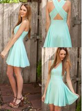 Exquisite Pleated V-neck Sleeveless Criss Cross Prom Dresses Apple Green Chiffon