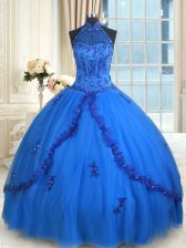  Halter Top See Through Sleeveless Beading and Appliques Lace Up 15 Quinceanera Dress