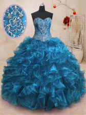 Superior Blue Lace Up Sweetheart Beading and Ruffles 15 Quinceanera Dress Organza Sleeveless Sweep Train