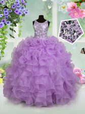  Lavender Zipper Scoop Ruffles and Sequins Little Girl Pageant Gowns Organza Sleeveless