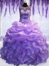  Scoop Sleeveless Organza Floor Length Lace Up Quinceanera Dresses in Lavender with Beading and Pick Ups