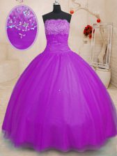 Romantic Purple Strapless Lace Up Beading Quinceanera Gown Sleeveless