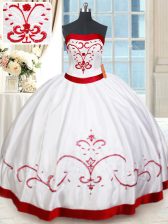 Comfortable Satin Strapless Sleeveless Lace Up Beading and Embroidery Quinceanera Gown in White and Red