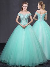  Off the Shoulder Sleeveless Appliques Lace Up Quinceanera Gowns