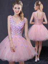 Gorgeous Sleeveless Organza Mini Length Lace Up Prom Gown in Pink with Hand Made Flower