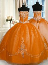 Edgy Rust Red Ball Gowns Strapless Sleeveless Organza Floor Length Lace Up Beading and Embroidery Sweet 16 Dresses