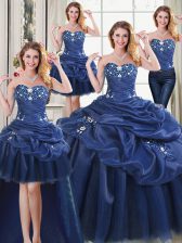 Elegant Four Piece Navy Blue Ball Gowns Organza Sweetheart Sleeveless Appliques Floor Length Lace Up 15th Birthday Dress