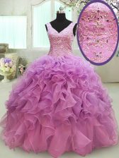  Floor Length Lace Up Quinceanera Dress Lilac for Military Ball and Sweet 16 and Quinceanera with Beading and Ruffles