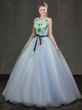 Edgy Scoop Sleeveless Quince Ball Gowns Floor Length Appliques Light Blue Organza