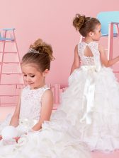  Scoop Lace and Ruffles and Belt Flower Girl Dresses for Less White Lace Up Sleeveless Floor Length