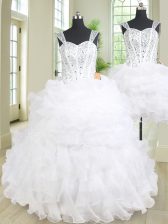 High Class Three Piece Straps Beading and Ruffles Quinceanera Gown White Lace Up Sleeveless Floor Length