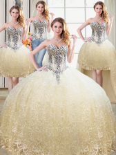 Classical Four Piece Sweetheart Sleeveless Lace Up Quinceanera Gowns Champagne Tulle and Lace