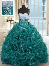 Best With Train Turquoise Sweet 16 Dresses Organza Brush Train Sleeveless Beading and Ruffles