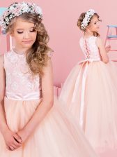  Scoop Champagne Sleeveless Tulle Lace Up Flower Girl Dress for Quinceanera and Wedding Party