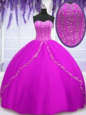  Fuchsia Sleeveless Tulle Lace Up 15 Quinceanera Dress for Military Ball and Sweet 16 and Quinceanera