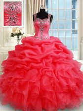 Luxurious Straps Coral Red Ball Gowns Beading and Ruffles and Pick Ups 15th Birthday Dress Zipper Organza Sleeveless Floor Length