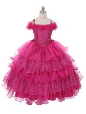  Organza Off The Shoulder Sleeveless Lace Up Ruffles and Ruffled Layers Child Pageant Dress in Fuchsia