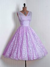  Lilac Quinceanera Court Dresses Prom and Party and Wedding Party with Lace V-neck Sleeveless Lace Up