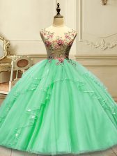  Green Lace Up Sweet 16 Dress Appliques Sleeveless Floor Length