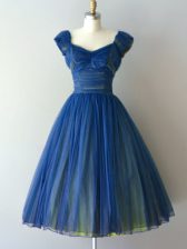 Fitting Blue Court Dresses for Sweet 16 Prom and Party and Military Ball and Sweet 16 with Ruching V-neck Cap Sleeves Lace Up