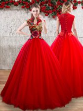  Ball Gowns Vestidos de Quinceanera Red High-neck Organza Short Sleeves Floor Length Lace Up