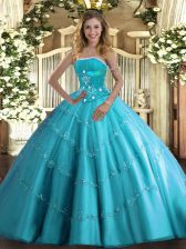 Cheap Tulle Strapless Sleeveless Lace Up Beading and Appliques and Ruffled Layers 15th Birthday Dress in Aqua Blue