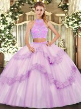  Sweetheart Sleeveless Quince Ball Gowns Floor Length Beading and Appliques and Ruffles Lilac Tulle