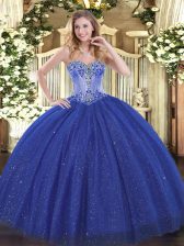 Eye-catching Royal Blue Lace Up Sweetheart Beading Quinceanera Gown Sequined Sleeveless