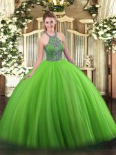 High Quality Floor Length Green 15th Birthday Dress Halter Top Sleeveless Lace Up