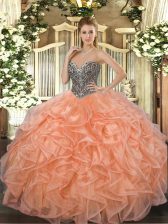 Stylish Orange Sleeveless Beading and Ruffles Floor Length Quince Ball Gowns