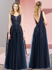  Navy Blue Backless Prom Gown Beading and Appliques Sleeveless Floor Length