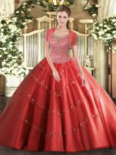 Latest Coral Red Sleeveless Beading Floor Length Quinceanera Dresses