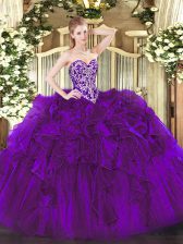  Purple Sleeveless Organza Lace Up Sweet 16 Quinceanera Dress for Military Ball and Sweet 16 and Quinceanera