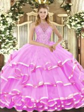 Eye-catching Halter Top Sleeveless Quinceanera Gown Floor Length Beading and Ruffled Layers Lilac Organza