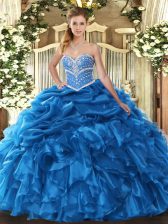 Low Price Blue Sweetheart Neckline Beading and Ruffles and Pick Ups Sweet 16 Quinceanera Dress Sleeveless Lace Up