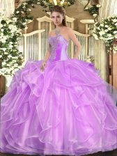 Fine Beading and Ruffles Quinceanera Gowns Lilac Lace Up Sleeveless Floor Length