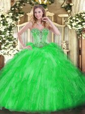 Custom Made Green Tulle Lace Up Sweetheart Sleeveless Floor Length Quinceanera Dress Beading and Ruffles