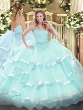  Apple Green Ball Gowns Beading and Ruffled Layers 15th Birthday Dress Zipper Organza Sleeveless Floor Length