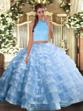 Spectacular Light Blue Halter Top Neckline Beading and Ruffled Layers Sweet 16 Dresses Sleeveless Backless