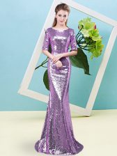 Fashion Lavender Half Sleeves Sequined Zipper Prom Dresses for Prom and Party