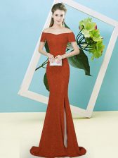 High End Off The Shoulder Short Sleeves Sweep Train Zipper Evening Dress Rust Red Sequined