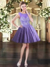  Lavender Tulle Lace Up Scoop Sleeveless Mini Length Prom Dress Beading