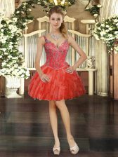  Ball Gowns Prom Dress Red V-neck Tulle Sleeveless Mini Length Lace Up