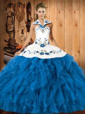 Top Selling Embroidery and Ruffles Quince Ball Gowns Teal Lace Up Sleeveless Floor Length