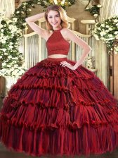 Deluxe Organza Halter Top Sleeveless Backless Beading and Ruffled Layers Vestidos de Quinceanera in Wine Red